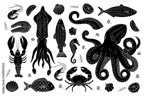 Seafood sketch set. Underwater animals banner. Marine delicacy meal menu illustration. Fishes, lobster, squid, octopus, crab, fish fillet.