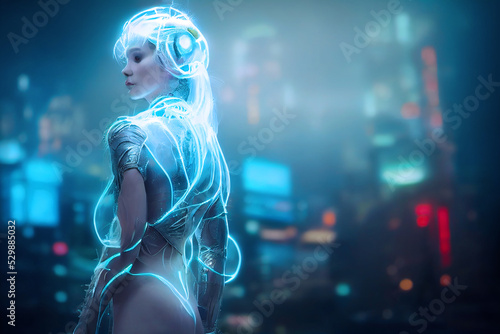 cyberpunk elven priestess with cybernetic enhancements, created with generative ai