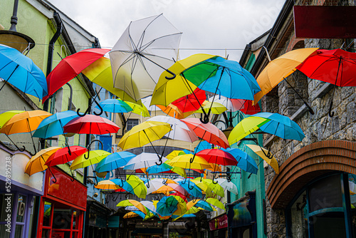 Colourfull umbrella's in the centre. The view on the shopping centre of Kilkenny. 