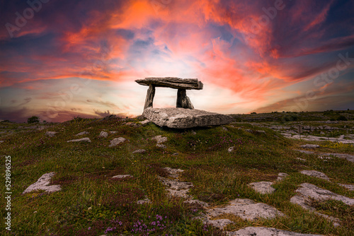 The Poulnabrone Dolmen.Situated on the high Burren limestone plateau, Poulnabrone Dolmen is one of Ireland’s most iconic archaeological monuments and is the second most visited location in the Burren.