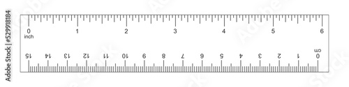 Horizontal ruler with 6 inch and 15 centimeter scale. Measuring chart with markup and numbers. Distance, height or length measurement tool template. Vector graphic illustration