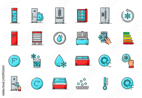 Fridge and freezer outline icons. Food storage symbols. Commercial refrigerator, industrial cooling equipment minimalistic outline pictograms set, household fridge thin line vector icons or signs