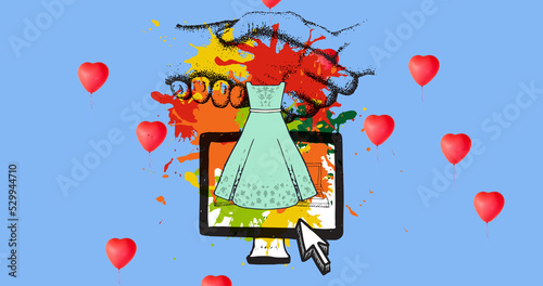 Image of dress and computer icons box over hearts on blue background