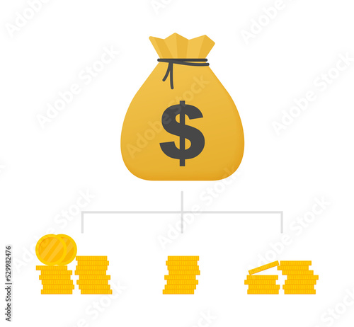 Money diversification revenue, financial diversification portfolio. Financial success and balance. Business diversification. Vector stock illustration.