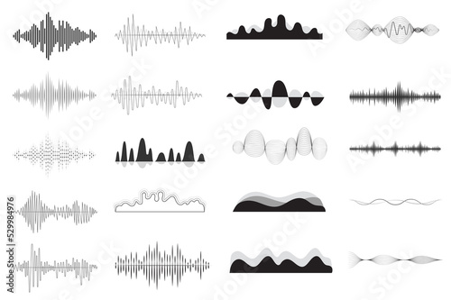 Sound waves in different shapes set isolated elements. Bundle of vibration and waving lines for musical player or audio equalizer, voice signal, waveforms. Illustration in flat cartoon design.