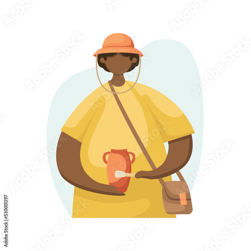 Vector illustration of an archaeologist with an antique vase in his hands. Professions. Flat style