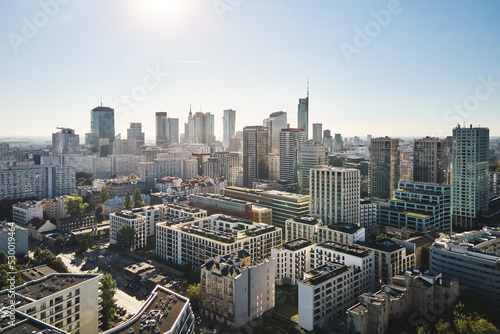 Aerial drone view of Warsaw cityscape, Center of Warsaw city with skyscrapers, Capital of Poland with modern office buildings in business center