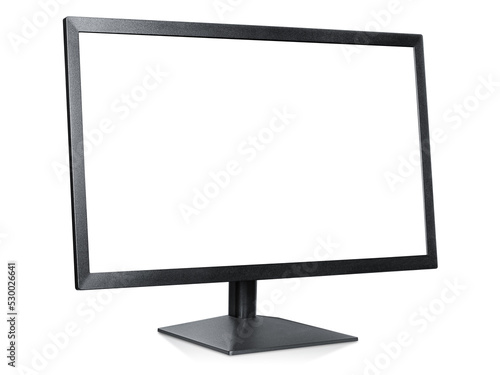 computer monitor standing half sideways with copy space on white isolated background