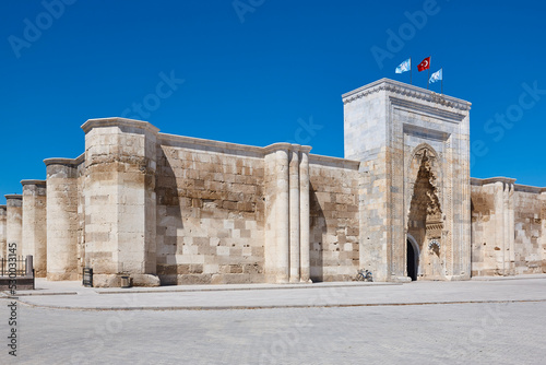 Caravanserai facade and main entrance in Sultanhani. Silk road route. Turkey