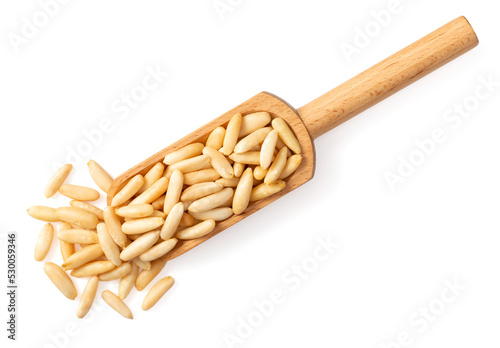 Roasted pine nuts in the wooden scoop, isolated on white background, top view.