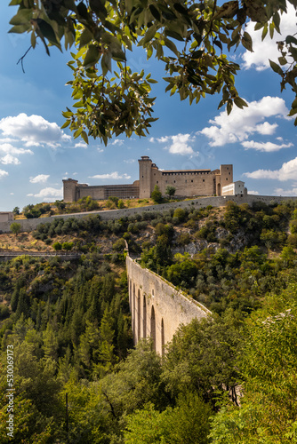 Spoleto castle with aqueduct in Umbria, Italy