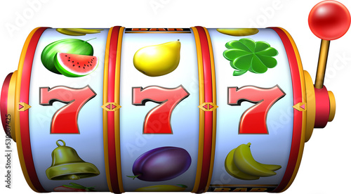 A slot machine reel with 777 symbol combination. 3D rendered illustration 