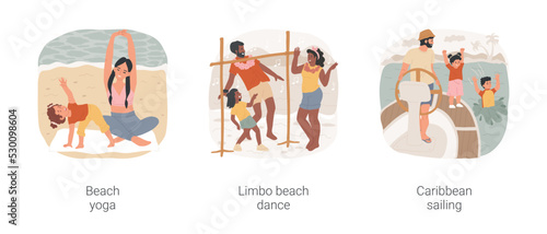 Summer holiday activities isolated cartoon vector illustration set. Beach yoga class, seaside activity, limbo dance, beach fun, caribbean sailing, family riding small yacht vector cartoon.