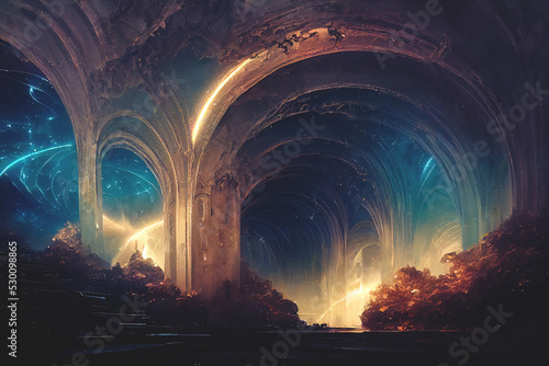 Fantasy fractal portal neon tunnel, magical mysterious majestic landscape, antiquity and modernity, unreal world. 3D illustration.