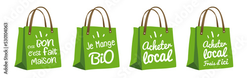 Logo sac de course, panier achat : je mange bio, acheter local !