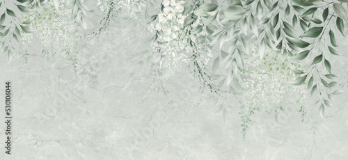 Floral background for wallpaper, watercolor greenery, can be used as poster. Botanical art. Mural. Leaves on marble.