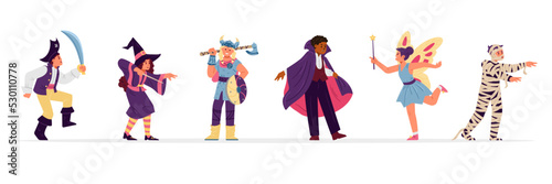 Kids in different Halloween costumes vector illustrations set. Pirate, witch, viking, vampire, fairy and mummy.