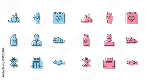 Set line No doping syringe, Gym building, Fruit, Fish, Positive thinking, Sport sneakers, Vitamin pill and Smart watch icon. Vector