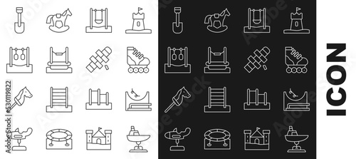 Set line Swing boat, Skate park, Roller skate, Bungee, Gymnastic rings, Shovel toy and Hopscotch icon. Vector