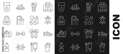 Set line Fitness shaker, Sport sneakers, No doping syringe, Fresh smoothie, Shower head, Kettlebell, Glass with water and Vitamin pill icon. Vector