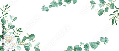 Rustic wedding watercolor banner. White creamy roses, eucalyptus and olive branches isolated on white background. Floral design frame. Can be used for cards, banners, blog templates.