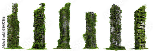 set of ruined overgrown skyscrapers, tall post-apocalyptic buildings isolated on white background