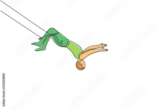 Single continuous line drawing a male acrobat performs on the trapeze with his legs hanging and head down while swinging his hand. Brave and agile. One line draw graphic design vector illustration.