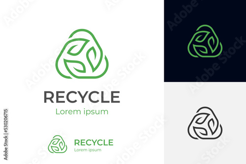 line triangle recycle with green leaf, recycling ecology logo or icon design vector template