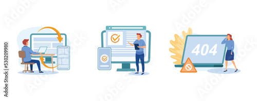 Web development. Microsite interface, cross-browser compatibility, 404 error, programming, company page, page not found. set flat vector modern illustration