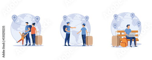 Human capital. International migration, brain drain, digital nomad, trained workers, buisness start up, leave country. set flat vector modern illustration