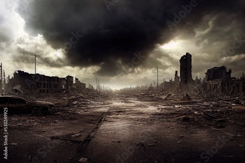 A post-apocalyptic ruined city. Destroyed buildings, burnt-out vehicles and ruined roads. 3D rendering