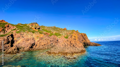 The Scandola Nature Reserve. South-west of Calvi, on the Cape Girolata peninsula. Beautiful coast of Corsica in September.
