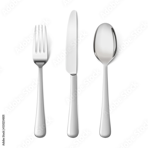 Set cutlery of fork, spoon. Hight realistic vector illustration isolated on white background. Ready for your design. EPS10. 