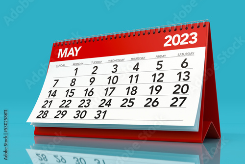 May 2023 Calendar. Isolated on Blue Background. 3D Illustration