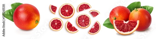 Blood red oranges isolated on white background with full depth of field. Set or collection