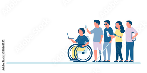 Disabled group people on wheelchair and other handicap. Disability and inclusion, employment on work. Team diverse person. Team seek opportunity, want to work. Vector with copy space