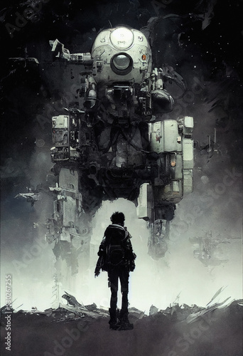 Manga style science fiction poster of a futuristic machine and a person standing in front, digital illustration