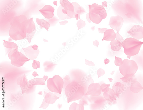 Pink sakura petals falling flower PNG overlay on transparent background. Romantic blossom. Valentines 3D illustration. Spring tender light center backdrop. Tenderness romance design