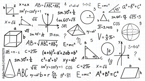 Doodle math formulas. Handwritten mathematical equations, schemes on notebook squared paper. Algebra or geometry calculations vector set. College, school or university lecture notes