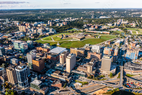Halifax Nova Scotia, Canada, September 2022, aerial view of Downtown Halifax with modern buildings and Citadel Hill with the famous Halifax Citadel