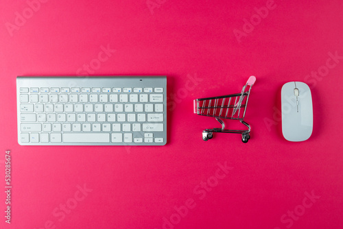 Composition of keyboard, mouse and shopping cart on pink background