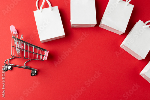 Composition of shopping cart and bags on red background
