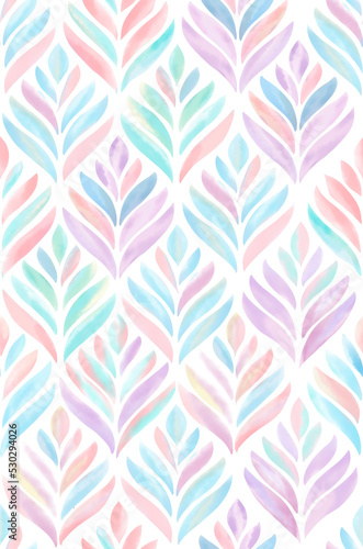 Multicolor watercolor leaf like arabesque floral geometrical shell allover seamless pattern