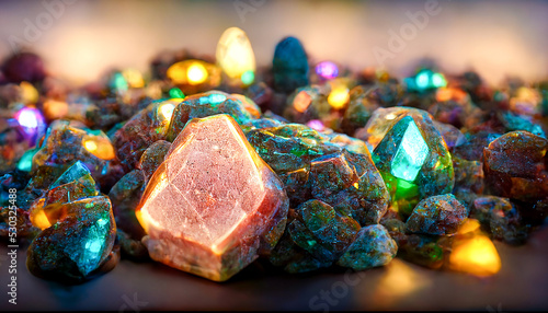 3D illustration image of beautiful multicolor raw gemstone.