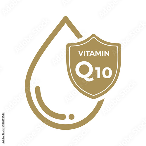 Vitamin Q10 icon Logo Golden Drop Shield Protection, Medical background heath Vector illustration