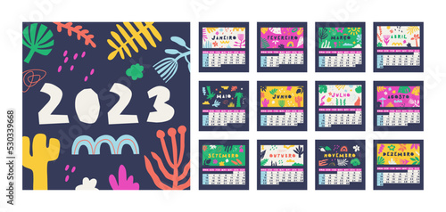 Brazilian or Portuguese calendar for 2023. Week starts on Sunday, 12 months. Cute multicolor vector calendar with flora drawings.