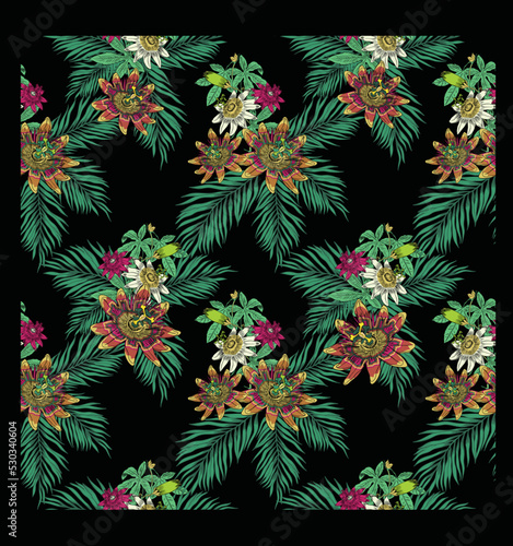 tropical rare exotic flowers and palm leaves. Quantity pattern design for women's dresses and swimwear special for the summer season. 