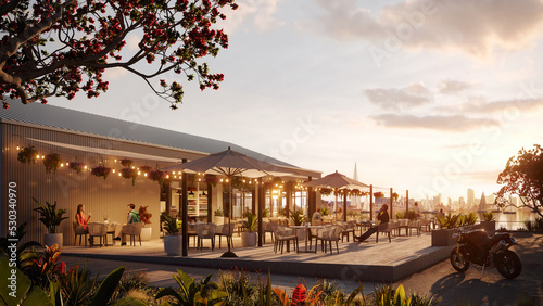 cafe on the embankment resort in the evening with seaside and town 3d rendering