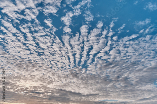 Amazing altocumulus clouds in form of ridges on blue sky.