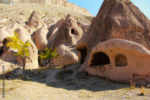 fantastic landscape views in Cappadocia Turkey, yellow tuff mountain ranges